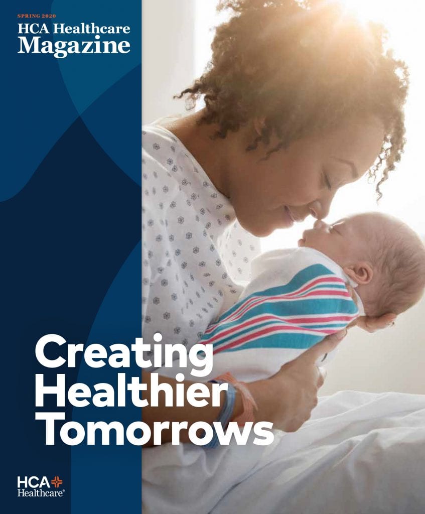 cover image of Spring 2020 issue of HCA magazine of a new mother holding a baby