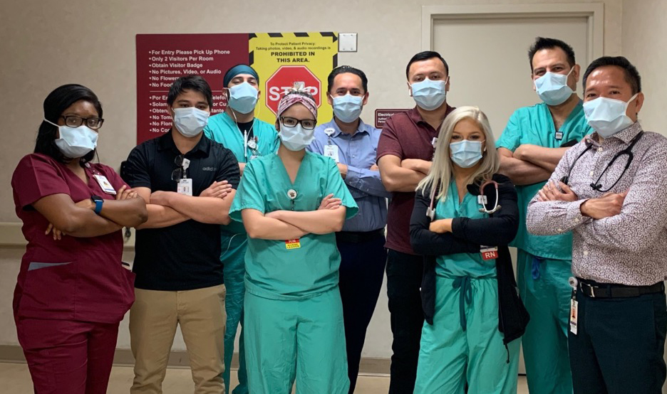 Left to right: Minisha Morris, CIC, Director of Infection Control; Ivan Rivera, Technical Analyst I, IT; Jorge Macias, RN ICU; Isabel Cabatic, RN ICU; Joey Martinez, Director of IT; Pedro Alvarez, Technical Analyst II, IT; Danielle Grundseth, RN ICU; Juan Garcia, RN ICU Coordinator; Henry Costa, MD